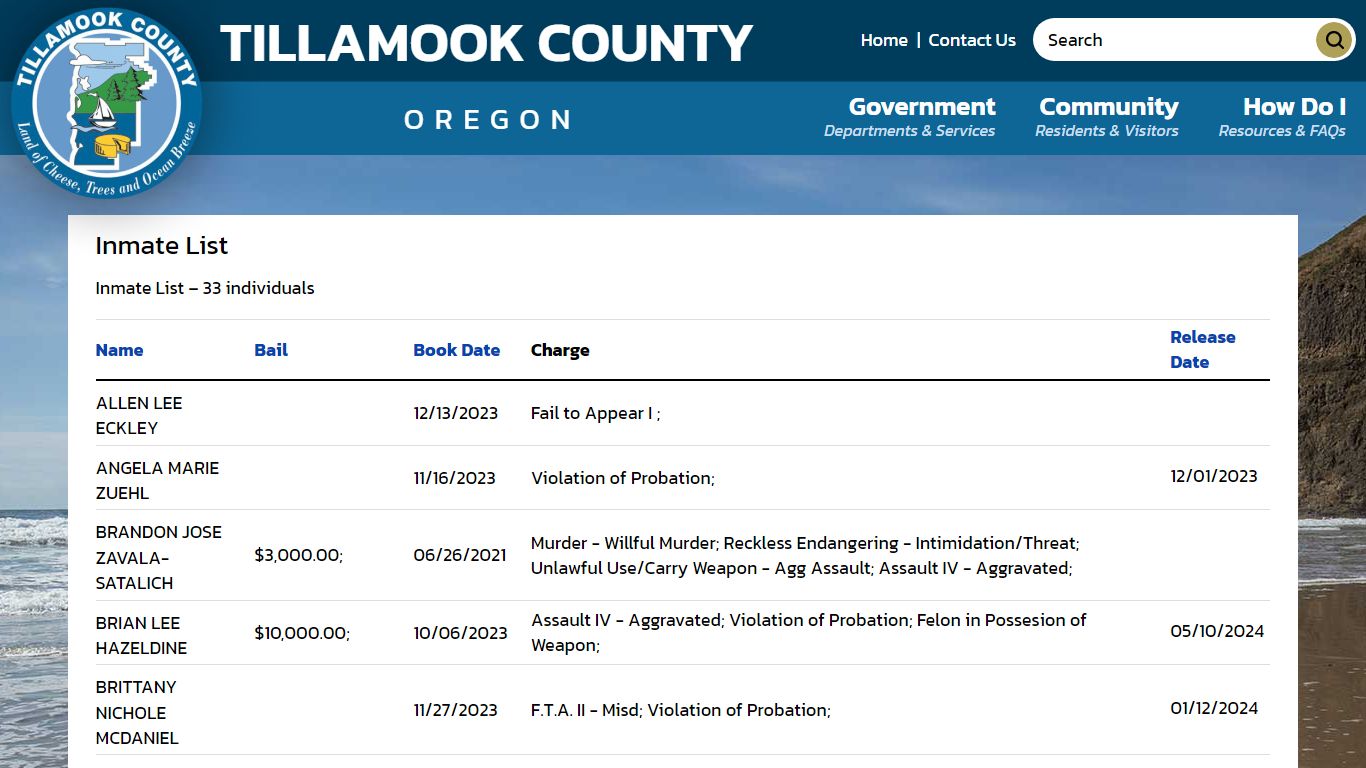 Inmate List | Tillamook County OR